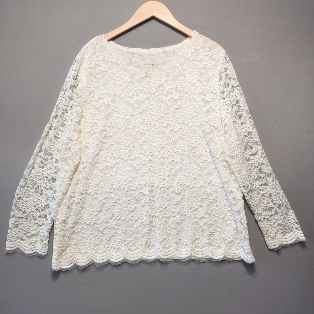 Chicos Allover Floral Lace Scalloped Hem Top Women XL White Long Sleeve Elegant
